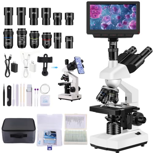 VOBU Microscope for Adult,7'' HD Display,with WF10x/25x Eyepieces,40-5000X Magnification,Dual Mechanical Stages and Abbe Condenser,Includes 40*specimens,Suitable for Labs and Schools (wihte)