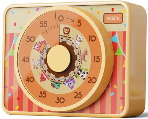 VOCOO Kids Visual Timer for Classroom - 60-Minute Countdown for Kitchen Cooking Office, Strong Magnet, Silent Time Management Tool, 2 AAA Batteries Included, Cute Animal Pattern (Orange)