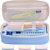 Vocuer Large Capacity Canvas Pencil Case Organizer Holder Pouch Bag with Zipper Compartments, Pen Cases for Women Girls School Adults (Beige/Blue)