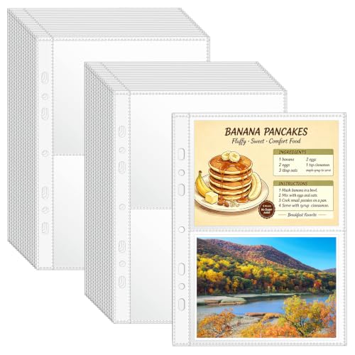 VOKOY 100 Pack Mini Sheet Protectors fit 4"x6"' Cards for 3 or 6 Ring Binder, 7 Holes 2 Pocket Heavy-Duty Recipe Card Sleeves Refill Pages Crystal Clear Index Card Protectors for 8.5x9.5 Inch Binder