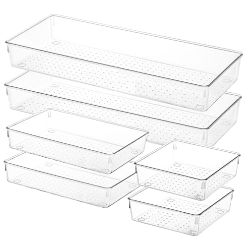 Voova 6 Pack Plastic Drawer Organizers Set,3-Size Kitchen and Office Desk Drawer Organizer Trays, Acrylic Non Slip Storage Bin Divider for Makeup,Jewelry,Gadgets Utensils,Bedroom,Bathroom Vanity,Clear