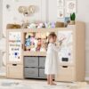 VortinT 61" W Kids Toy Organizer, Bookshelf with 2 Magnetic Drawing Boards, Stuffed Animal Zoo, 2 Rolling Drawers, 4 Fabric Bins, Large Kids Wooden Toddler Storage for Playroom, Nursery, Bedroom