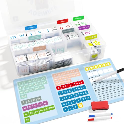 VoSinrly 265PCS Phonics Magnetic Letter Tiles Set – Word Building Kit with Dry Erase Board, Storage Case & Blank Tiles, Color-Coded Alphabet Learning for Kids, Homeschool & Classroom Supplies