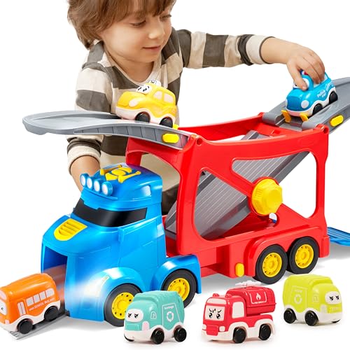 Vroomix JOVA Extra Large Toy Trucks for Kids, 3-Layer City Trucks for Kids, 7-in-1 Big Transport Carrier Truck with Siren & Lights and 6 Toy Cars, Birthday Gifts for Boys