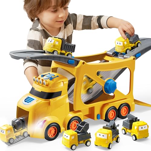Vroomix JOVA Extra Large Toy Trucks for Toddlers, 3-Layer Construction Trucks for Boys, 7-in-1 Big Carrier Truck with Siren & Lights and 6 Toy Cars, Birthday Gifts for Boys Kids