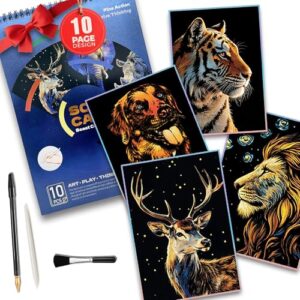 VTEAS 10-Page Spiral Scratch Art Book for Adults & Teens: Wild & Fantasy Animal Designs | Stress Relief Mindfulness Craft Activity | Creative Gift Lovers, A4 Scratchboard with 3 Tools (Wild)