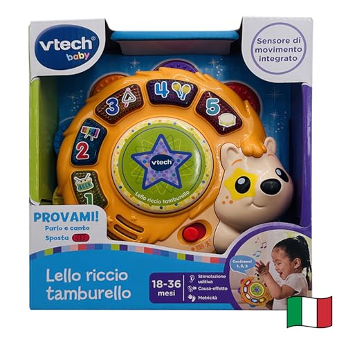 VTech Lello Riccio Tamburello Children's Interactive Music Game with Learning and Dance Mode, Children's Drum with 50 Sets and Songs, Italian Language, Batteries Included, 18-36 Months