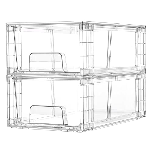 Vtopmart 2 Pack Stackable Storage Drawers,Clear Acrylic Drawer Organizers with Handles, Easily Assemble Containers for Fridge, Bathroom,Kitchen Undersink,Cabinet,Pantry Organization and Storage
