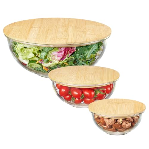 Vtopmart 3 Pack Glass Mixing Bowls with Bamboo Lids Set, Salad Bowl Set, Nesting Kitchen Bowls for Serving, Prepping, Cooking and Baking, Dishwasher & Microwavable Safe