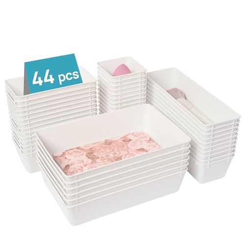 Vtopmart 44 PCS Plastic Drawer Organizers Set, 4-Size Versatile Bathroom and Vanity Organizer Trays, Non-Slip Storage Containers for Makeup, Jewelries, Bedroom,Kitchen Utensils and Office, White