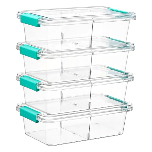 Vtopmart 4 Pack 1.5Qt Clear Pencil Box, Plastic Pencil Holder with Removable Divider for Pen Organizer, Small Stackable Containers with Lid for Pen, Art Craft, Sticker, Scrapbook & Office Supplies