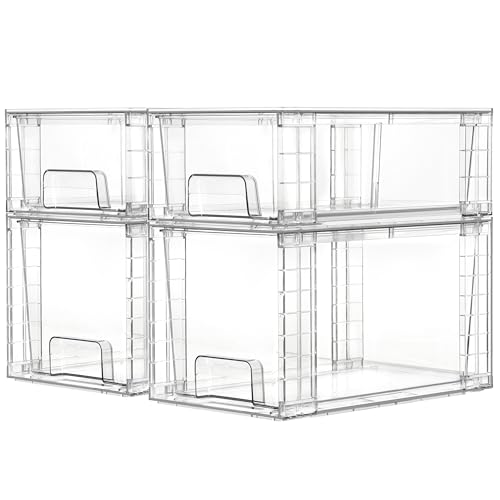 Vtopmart 4 Pack Clear Stackable Storage Drawers,Under Sink and Kitchen Organizers Storage,Easy to Assemble Plastic Drawers for Baby Bottle,Medicine, Bathroom,Cabinet and Pantry Organization