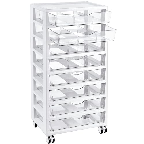 Vtopmart 8 Tier Rolling Cart with Drawers, Clear Plastic Drawers with Removable Dividers for Art &Office Supplies, Beauty Products, Toy, Under Desk Storage for Craft Room, Classroom