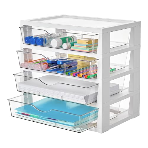 Vtopmart Clear Plastic Desk Organizer, 4-Tier Assemble Desktop File Organizer with Drawers, Office Desk Organization for Office Supplies