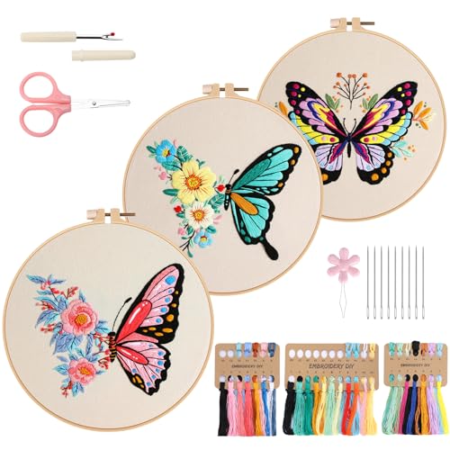 VynyQoo 3pcs Beginner Embroidery Kit Butterfly Embroidery Kit Embroidery Thread Kit Beginner Embroidery Tool with Video and Instructions, Cross Stitch Embroidery Kit for Adults