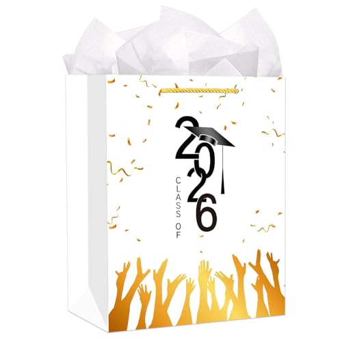 WaaHome Class of 2026 Graduation Gift Bag - Graduation Gifts for Him Her Girls Boys Women Men - 11.5" Large Grad Wrapping Paper Bag for 8th Grade High School College Master Degree PhD, with Tissue Paper and Handle