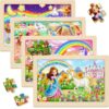 WaaLod Wooden Puzzles for Kids Ages 4-6, 4 Pack 24 Pcs Toddler Puzzles Set for Ages 3-5, Educational Learning Toys Gift for Boys Girls 3-8 (Rainbow Unicorn, Starry Night, Candyland, Princess Castle)