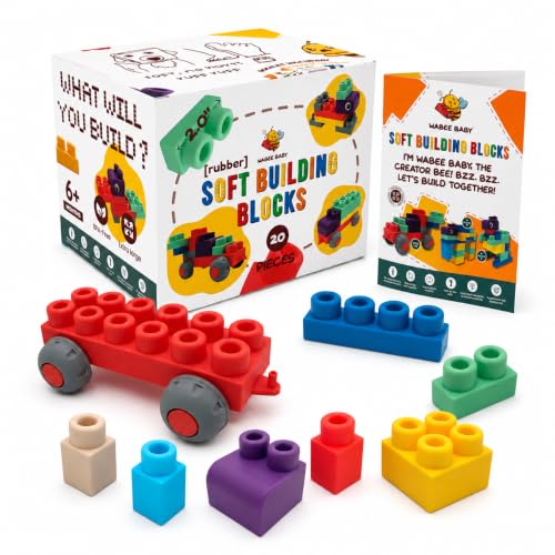 WaBee Baby Soft Rubber Building Blocks Starter Set - 20 Extra Large Pieces Ages 12mo+ - Chew-Safe Sensory Stacking Toys - STEM Learning with Building Guide - Not Compatible with Duplo/Mega