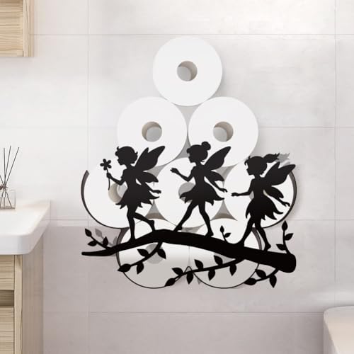 WADORN Unique Flower Fairy Toilet Paper Holder, Black Fairy on the Branch Wall Mounted Storage for Extra 8 Rolls Decorative Metal Toilet Paper Storage Organizer for Bathroom Home Office Farmhouse