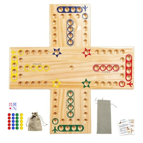 Wahoo Board Game, 15 inch Marble Board Game Double Sided Painted Wooden Fast Track for 2 to 4 Players with Storage Bag and 20 Glass Marbles,4 Dices for Family Game Night