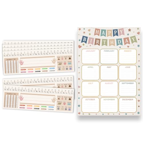 WALENGIF Boho Classroom Bundle, 36 Self-Adhesive Student Desk Name Plates 12 x 4 Inch and Reusable Birthday Chart 16.5 x 11.8 Inch, Preschool Kindergarten Elementary Teacher Supplies