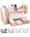 WALI Desk File Organizer, 4 Tier Desktop Paper Letter Tray Organizer with Drawer and 2 Pen Holders, Office Desk Accessories & Workspace Organizers for Office, Home, School Supplies, 1 Pack, Rose Gold