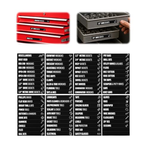 WalkManony 4"X1" Universal Magnetic Tool Box Labels, 80 Pcs Heavy Duty Tool Chest Drawer Labels, Waterproof Oil Resistant, Strong Full-Surface Magnet Garage Workshop Steel Tool Box Drawers