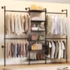 Wall-Mounted Closet Organizer System, Expandable Closet Shelving, Garment Racks with 4 Hanging Rods, 6 Wooden Shelves, Industrial Pipe Clothing Rack for Bedroom, Wardrobe, Shopping Mall, Black