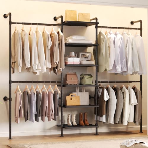 Wall-Mounted Closet Organizer System, Expandable Closet Shelving, Garment Racks with 4 Hanging Rods, 6 Wooden Shelves, Industrial Pipe Clothing Rack for Bedroom, Wardrobe, Shopping Mall, Black