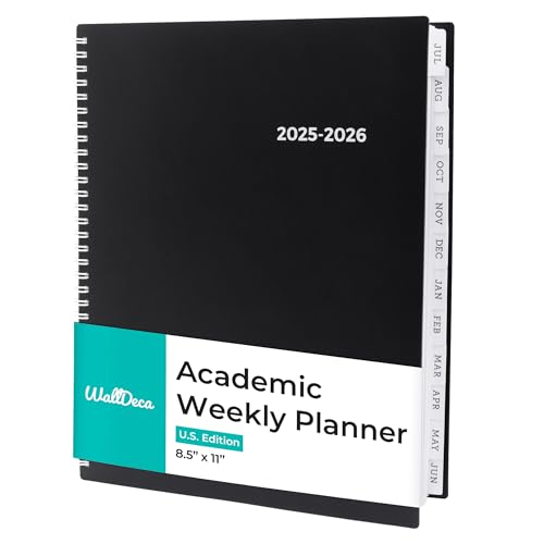 WallDeca Academic Planner 2025-2026, Daily, Weekly & Monthly Planner, July 2025 - June 2026, Student Notes Pages, Twin-Wire Binding Day and Weekly Agenda for School & Work (8.5 x 11-Inches, Black)