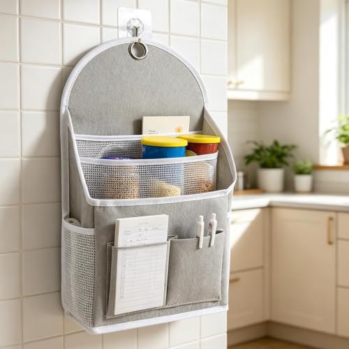Wall Hanging Storage Bag with Pockets, Wall Hanging Baskets for Organizing, Wall File Organizer, Hanging Pocket Organizer Space-Saving, Over Door Storage, Suit for Bathroom Bedroom (Grey)