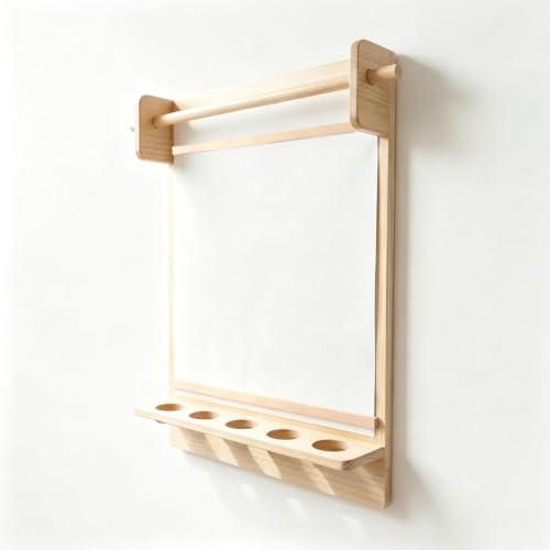 Wall Mount Drawing Board for Children with Storage Shelf and Paper Roll Dispenser (Holds 18.5" Rolls), Wooden Easel for Kids' Drawing Art Station with 5 Anti-Spill Cup for Playrooms & Bedrooms