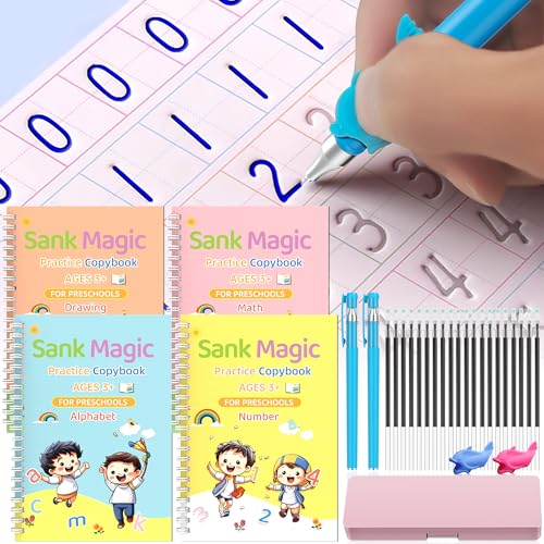 WANFRES Grooved - 4 children's magic copybooks, Four-in-one pink pencil case set, magic grooved writing practice for kids, magic disappearing writing practice, grooved handwriting practice for kids.