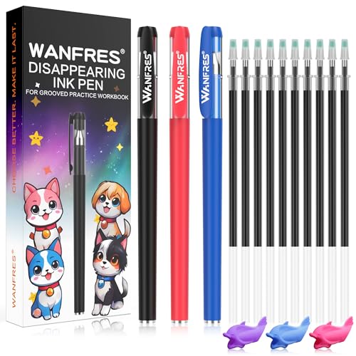 WANFRES Magic grooved writing practice, Magic pens for kids disappearing ink pen,30 refills 3 pens(With writing training aids)Pencil grip,Reusable grooved handwriting practice for kids,Magic Copybooks