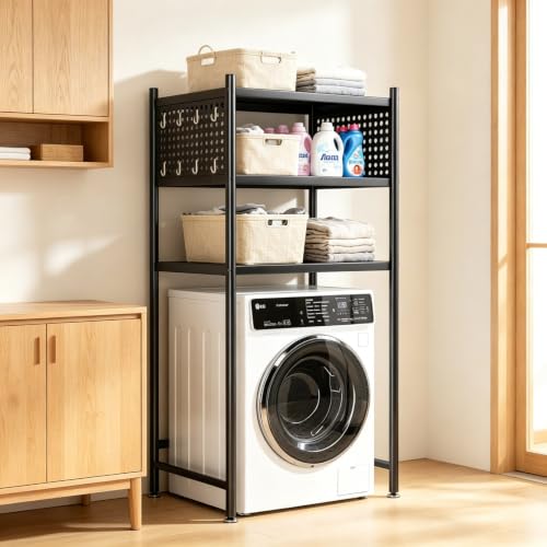 WanKaMom Washer Dryer Wall Storage Rack, Over The Washer and Dryer Storage Shelf Stainless Steel Rust Resistant, The Shelf Above Washing Machine Punch-Free Laundry Storage Shelf with Drain Base