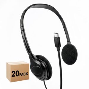 WASCLEWAY USB-C Headphones Bulk, 20-Pack Suitable for Classroom, School, Children, and Teenagers, USB Type-C Headphones Compatible with Pad and Smartphones (001 Black)