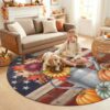 Washable Round Area Rug 4ft Thanksgiving Pumpkin Sunflower Leaf Non-Slip Soft Living Room Rug, Retro USA Flag Wood Board Non-Shedding Bedroom Carpet for Home Dining Room