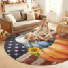 Washable Round Area Rug 5ft Thanksgiving Pumpkin USA Flag Non-Slip Soft Living Room Rug, Fall Sunflower Leaf Wood Board Non-Shedding Bedroom Carpet for Home Dining Room