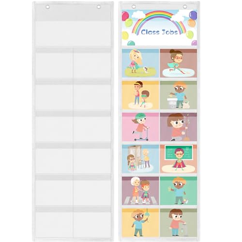 Watersay 2 Pack Pocket Chart for Classroom 29.5 x 10 in 12+1 Pockets Hanging Wall File Organizer for Cards, Pictures, Class Management Educational Behavior Chart, Teacher Office (White)