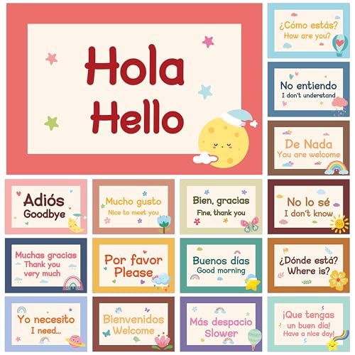 WATINC Spanish Words Phrases Poster - 16pcs Spanish Posters Set Classroom Decorations, Preschool Bilingual Study Learning Materials Teacher Supplies, Educational Language Bulletin Board (Colorful)
