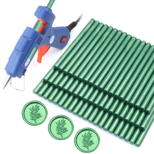 Wax Seal Kits, 60pcs Wax Seal Sticks, Pine Green Sealing Wax Sticks, HOSEALING Glue Gun and Wax Seal Sticks Set for Wax Seal Stamp, Wedding Invitations (Glue Gun and Pine Green Sticks Kit)