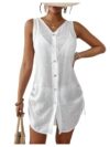 WDIRARA Women's Swimsuit Coverup Button Up Drawstring Kimono Sleeveless V Neck Cover Ups White X-Large