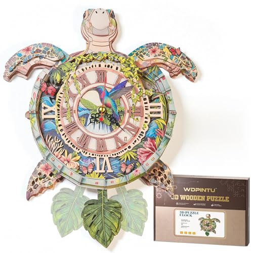 WDPINTU 3D Wooden Puzzle Clock - Sea Turtle Design, DIY Mechanical Pendulum Wall Clock with Roman Numerals, Unique Nature-Themed Gift for Adults