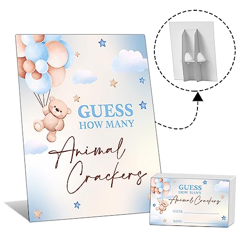 We Can Bearly Wait Baby Shower Games, 8x10 INCHES Guess How Many Animal Crackers Sign with 50 Guessing Cards, Bear Balloon Baby Shower Party Decorations Supplies Favors - G01