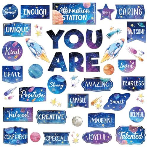 Weekgrat 45pcs Space Affirmation Station Bulletin Board Set Motivational Posters Classroom Mirror Growth Mindset Decor Positive Affirmations Accents Cutouts for School Office Home Teacher Wall Supply
