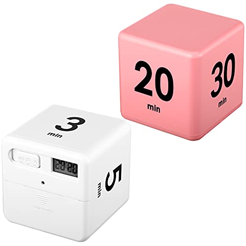 Weewooday 2 Pieces Cube Productivity Timer Flip Gravity Sensor Flip Countdown Countup Workout Timer Management 1 3 5 10 Minutes and 15 20 30 60 Minutes for Back to School Work Kitchen(White, Pink)