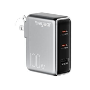 wegear 100W GaN USB C Charger Block, 3-Port Slim Foldable Fast Wall Charger for MacBook Pro, iPad, iPhone 17/16/15 Series, Galaxy S25/S24, Dell XPS, Steam Deck, Compact Travel Power Adapter (Silver)