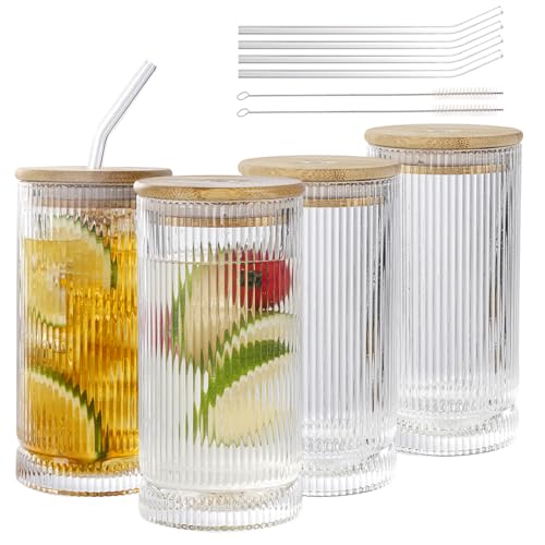 WeirdUncle Vintage Ribbed Glassware Set, 16oz Drinking Glasses, Origami Style Set of 4, Fluted Design, Ideal for Water, Iced Coffee, Juice, Beer, Milk, Gift (16oz with lids and straws)