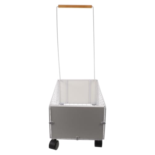 WEKAMOS Rolling Book Cart with Heavy Duty Load Capacity and Swivel Wheels, Mobile Metal Storage Basket with Pull Rod and High Sided Design for Office and Mail Room Use, White Iron and Wood