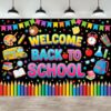Welcome Back to School Banner Backdrop, First Day of School Pencils Books Backpack Theme Party Decorations Banner Kids Back to Classroom Party Background Decoration Photo Booth Props 7x5FT